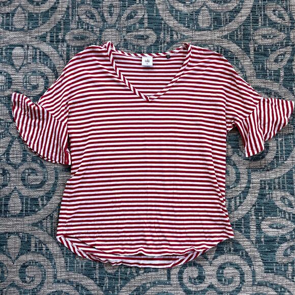 Cabi Flutter Tee Red & White Striped V-Neck Top with Ruffle Sleeves - Size M - Picture 2 of 7
